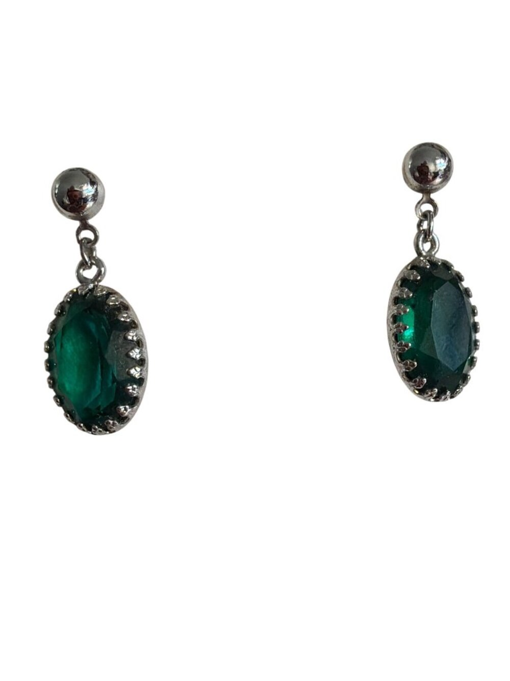 Vintage 1/20 12K GF Silver Dangle Earrings Green Glass Stones Drop Estate 1"
